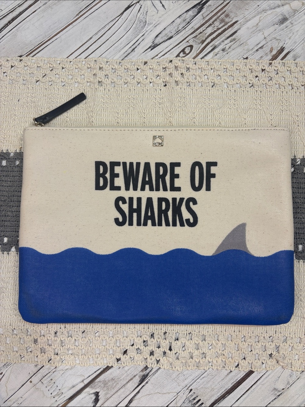 Kate Spade NWOT Beware Of Sharks Gia Zip Pouch Medium Canvas Clutch